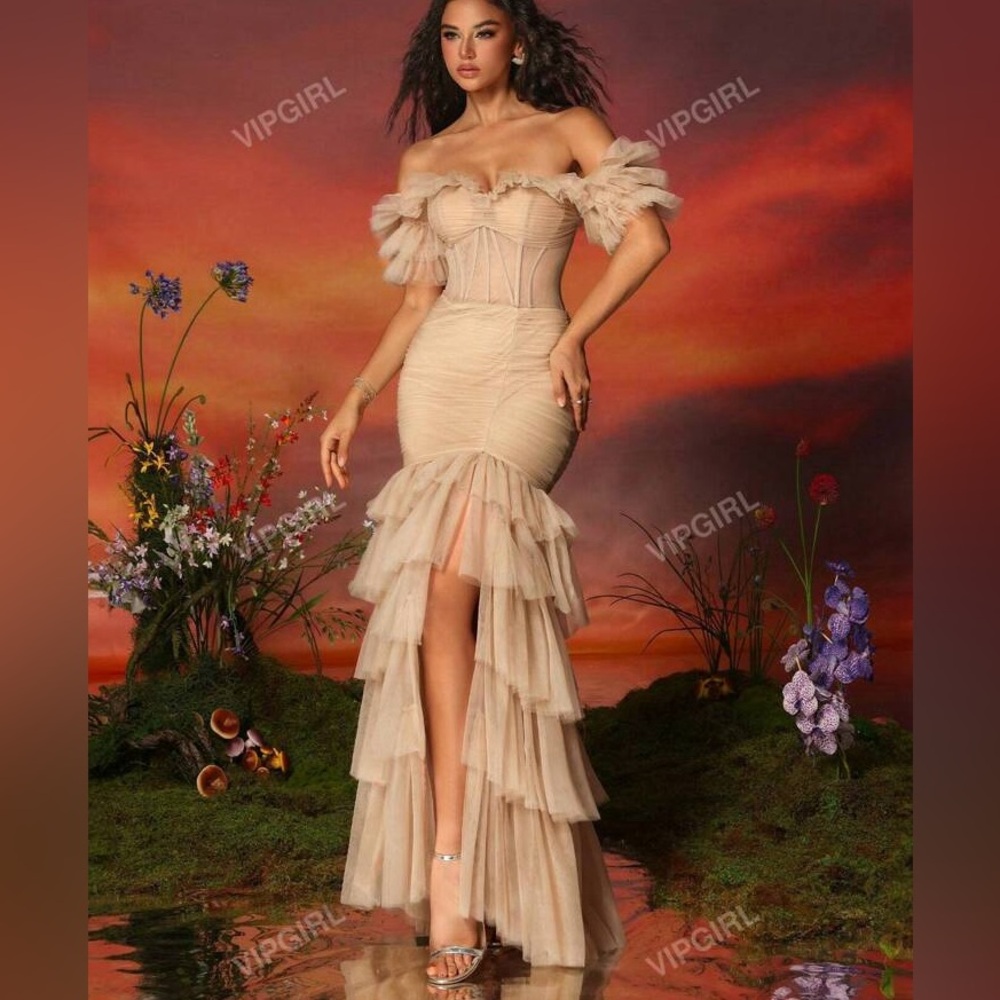 VIPGIRL Gold Ruffle Off The Shoulder Dress